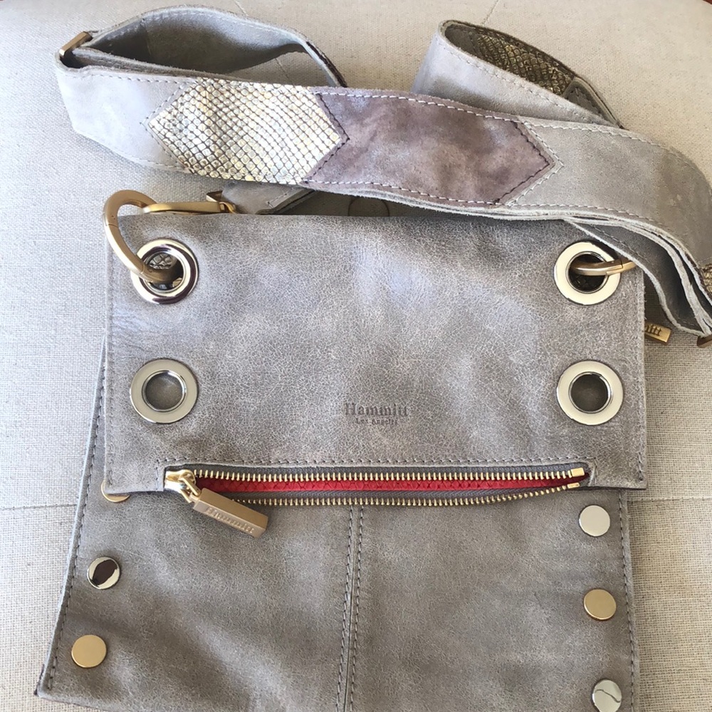 Hammitt Montana Medium Reverse Crossbody in Pewter and Gold snake
